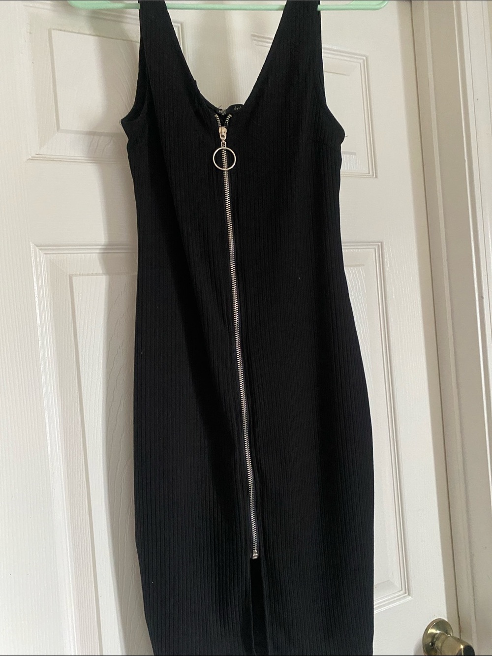 iris Black Ribbed Midi Dress with Silver Zip
